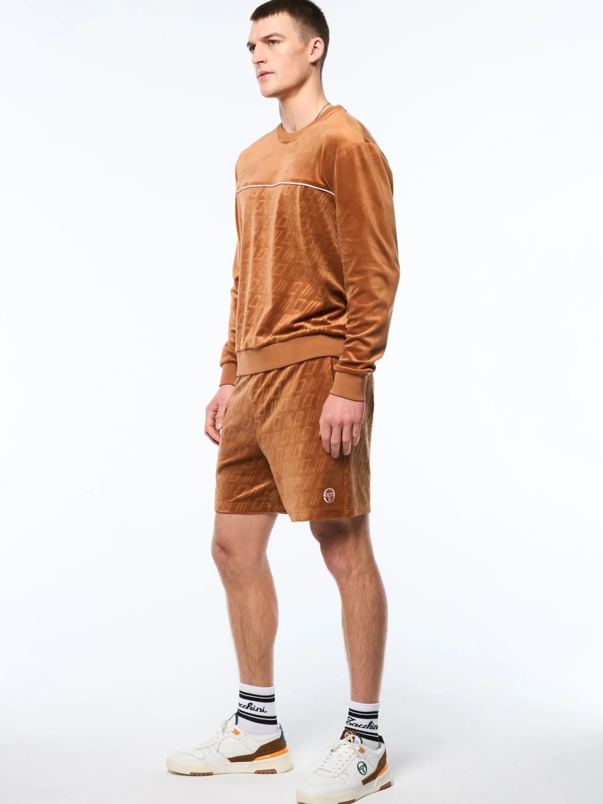 Bandiera Debossed Velour Crewneck-Sugar Almond