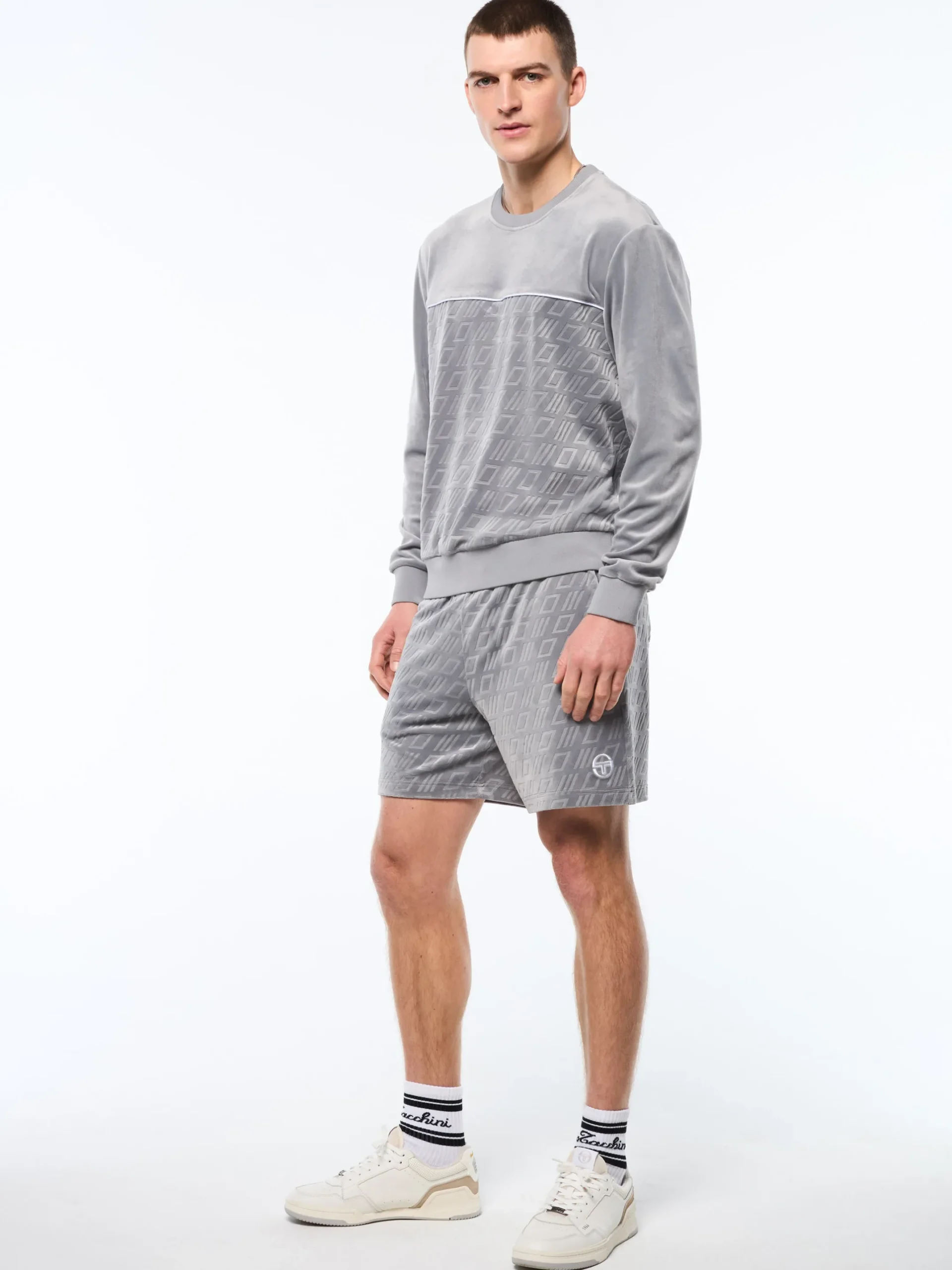 Bandiera Debossed Velour Crewneck-Sleet