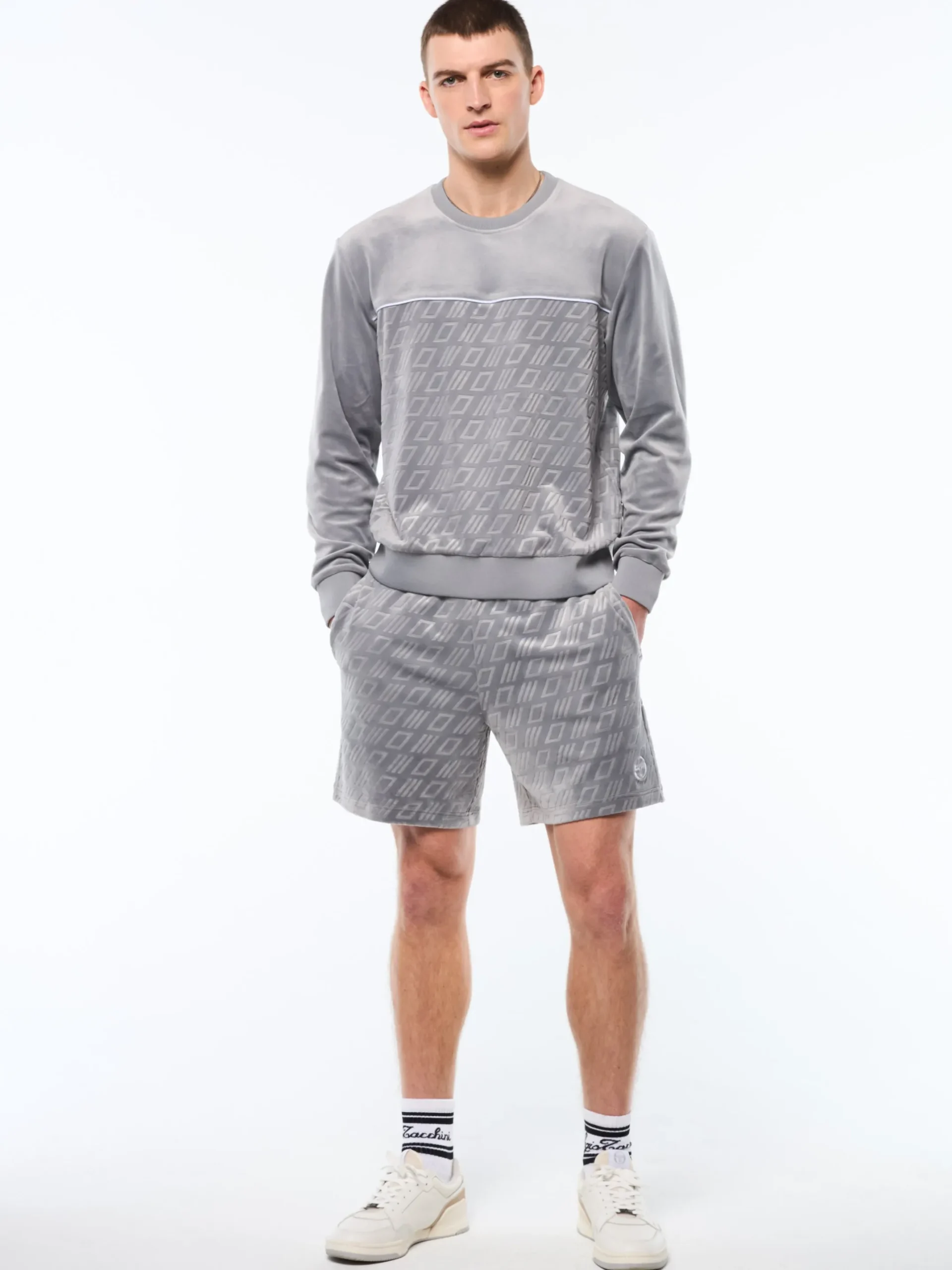Bandiera Debossed Velour Crewneck-Sleet