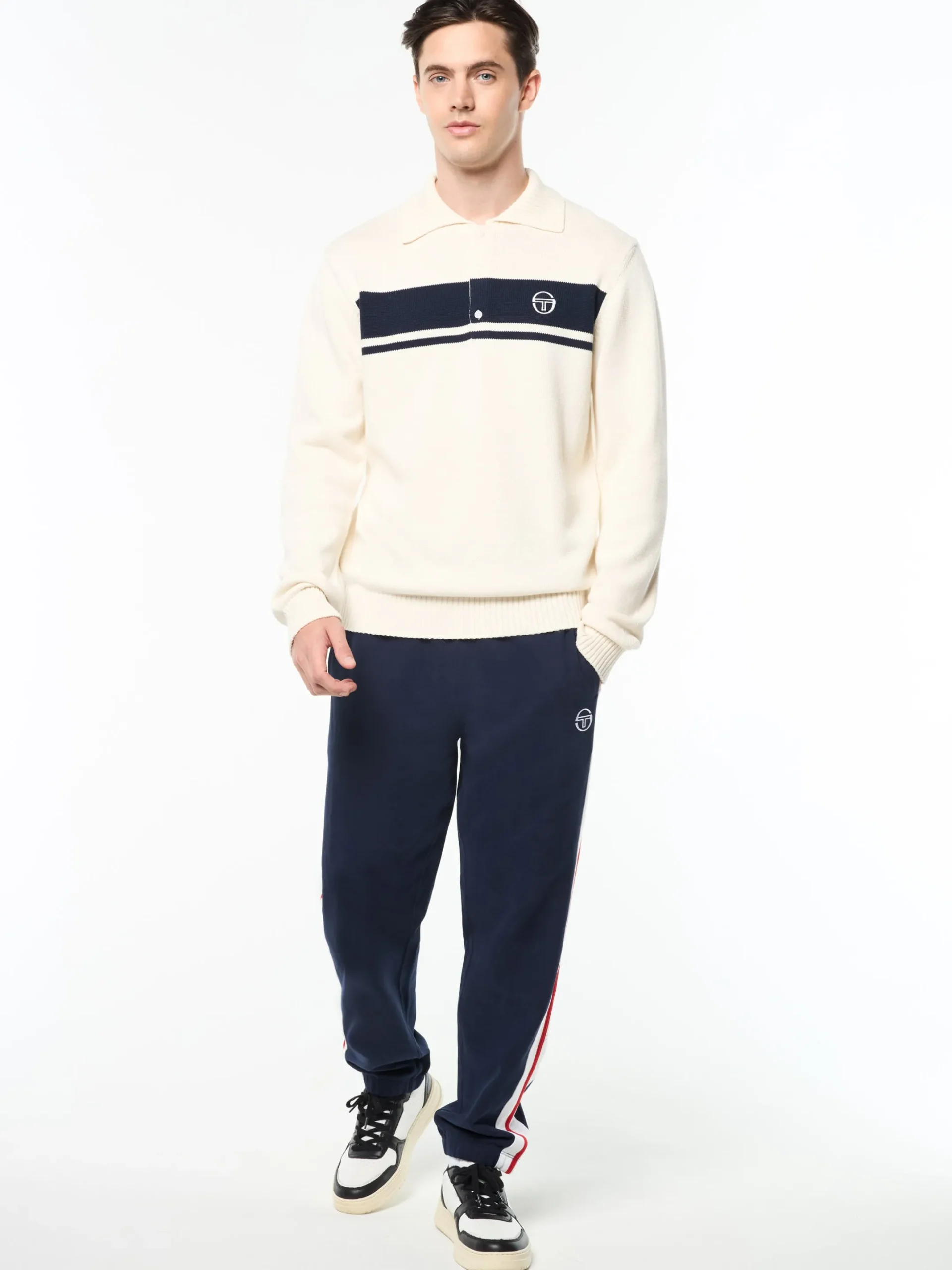Damarindo Long Sleeve Knit Polo- Gardenia/ Maritime Blue
