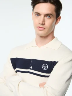 Damarindo Long Sleeve Knit Polo- Gardenia/ Maritime Blue