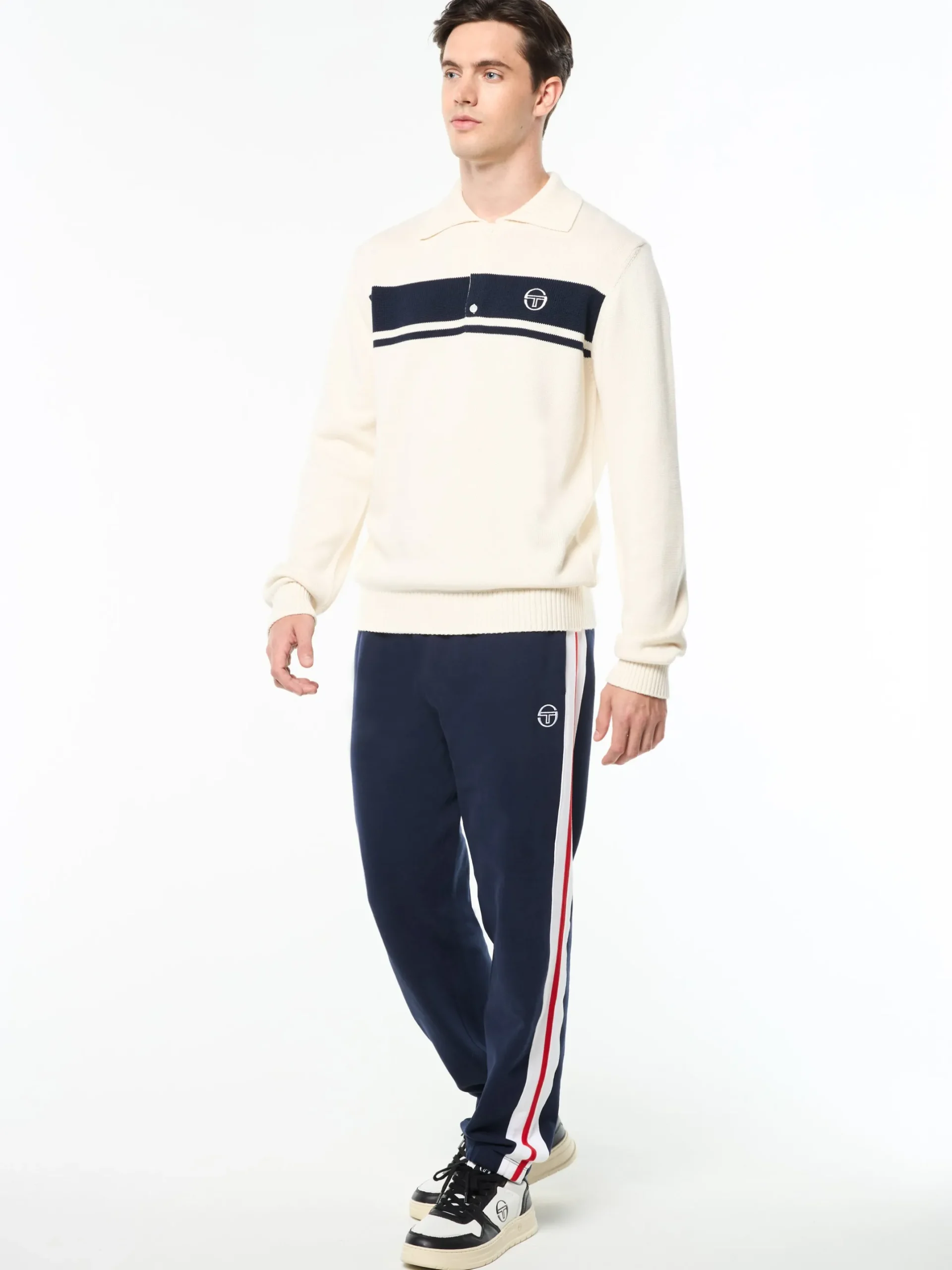 Damarindo Long Sleeve Knit Polo- Gardenia/ Maritime Blue